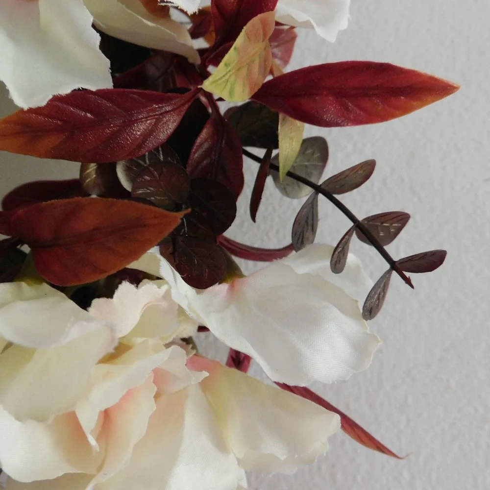 Mini Fall Candle Ring, Grapevine Wreath, Burgundy Leaves, Dried Look Hydrangeas